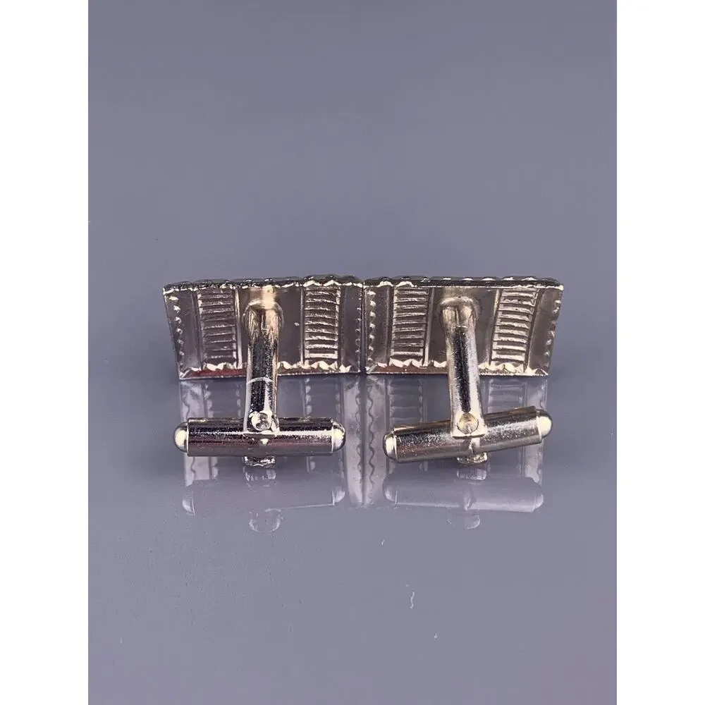 Decorative Fans Lines Cufflinks Silver Tone Stamped Art Deco Rectangle Vintage